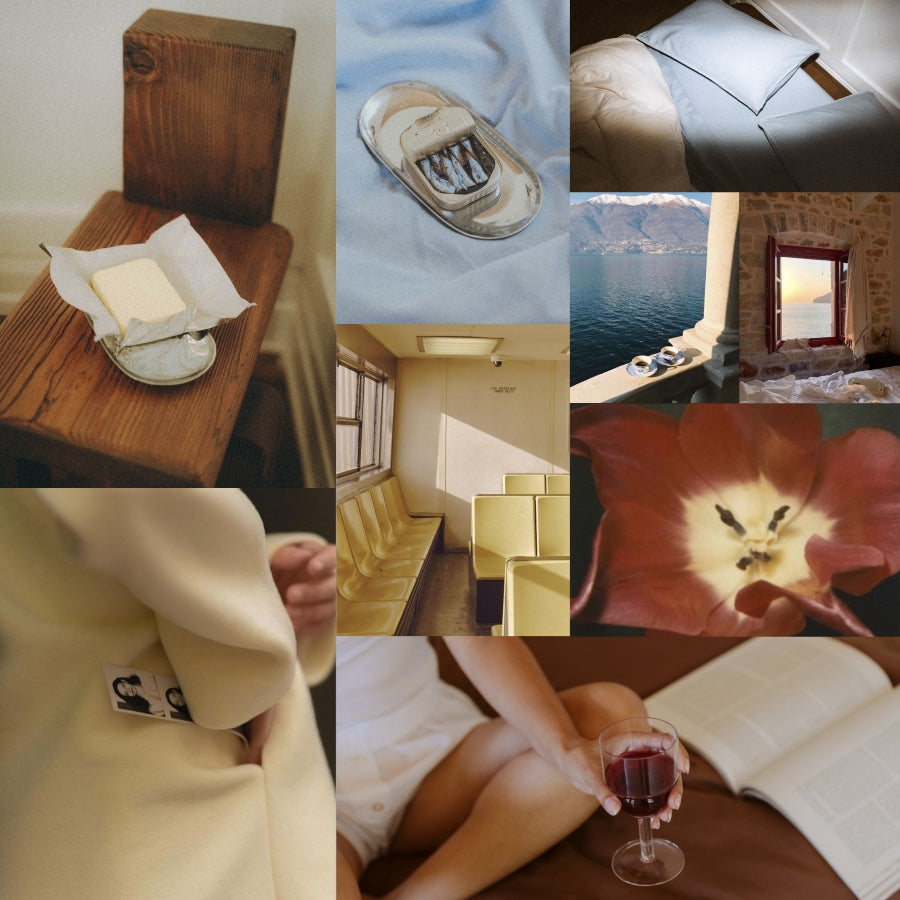 Collage of yellow, blue and red images featuring butter, tinned fish, flowers, wine, mediterranean scenes and bedrooms.
