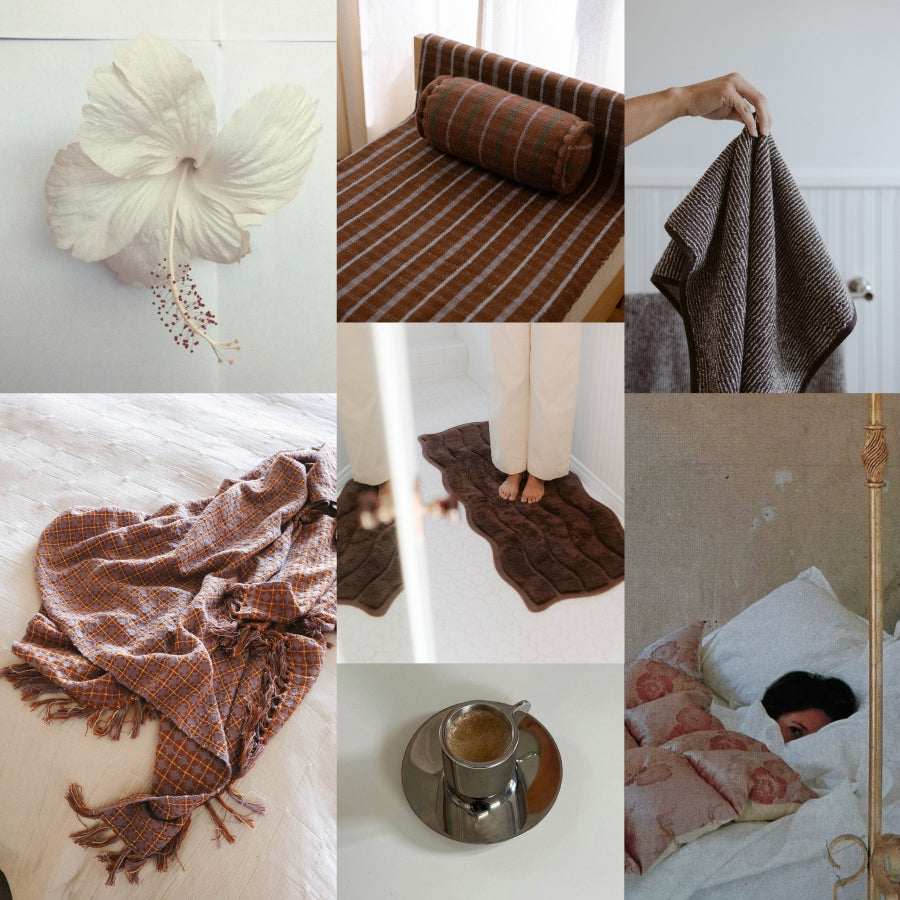 A six-panel collage showcasing a brown and rust plaid textile set, including a hibiscus flower wall hanging, a striped cushion cover, a textured throw blanket, a matching bath mat, and a patterned pillowcase in a cozy bedroom setting.