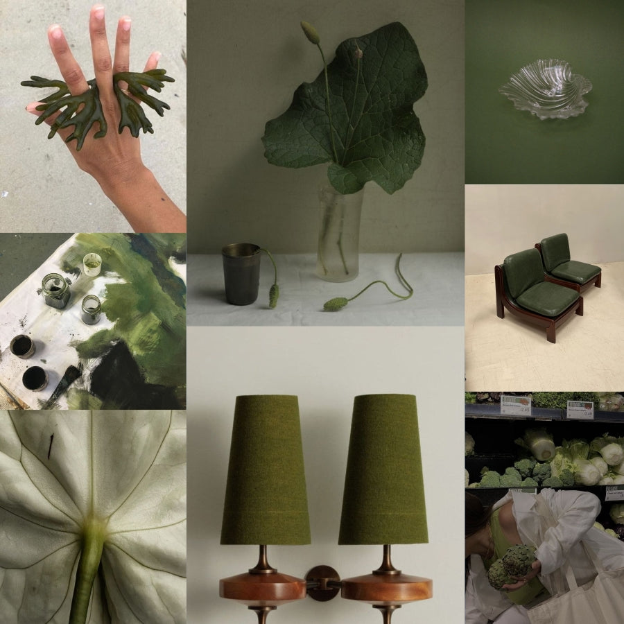 A collage of aesthetic, moody lifestyle photographs featuring olive green home decor and natural elements.