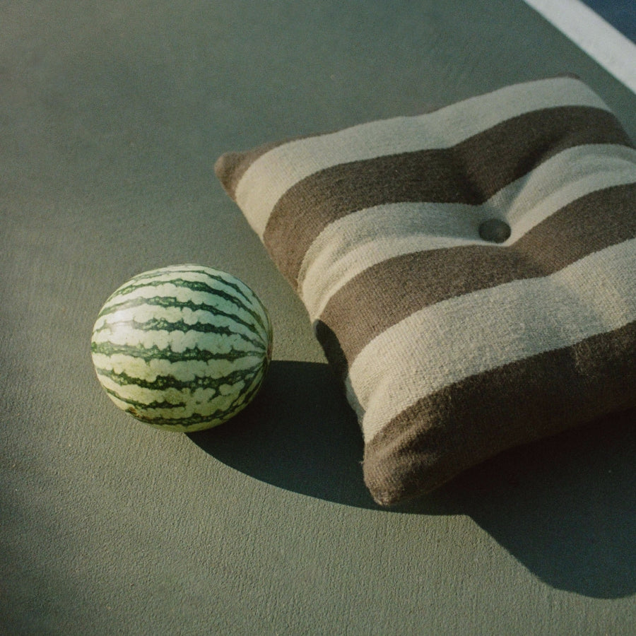 A striped green pillow sits on a dark green surface next to a small watermelon under direct sunlight.