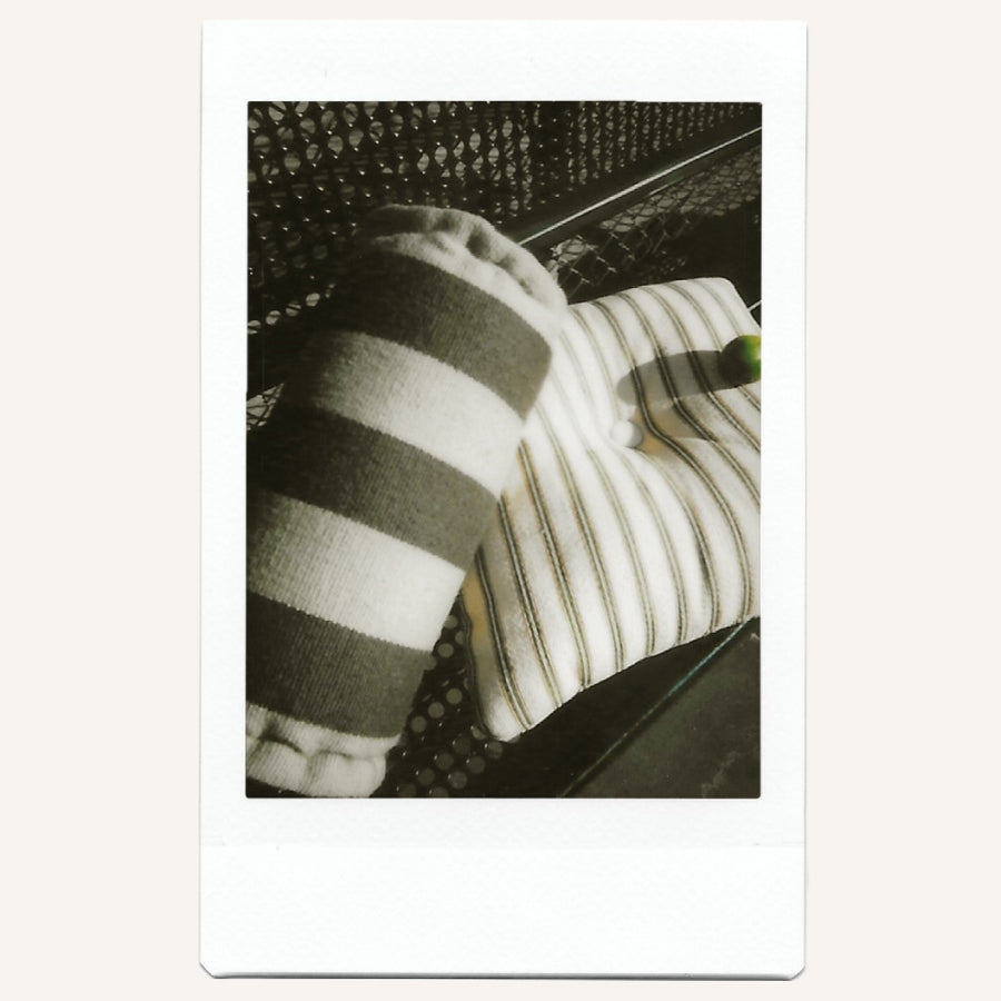 A Polaroid-style photo print showing a close-up of two striped pillows on a dark textured chair, presented on a light neutral background.