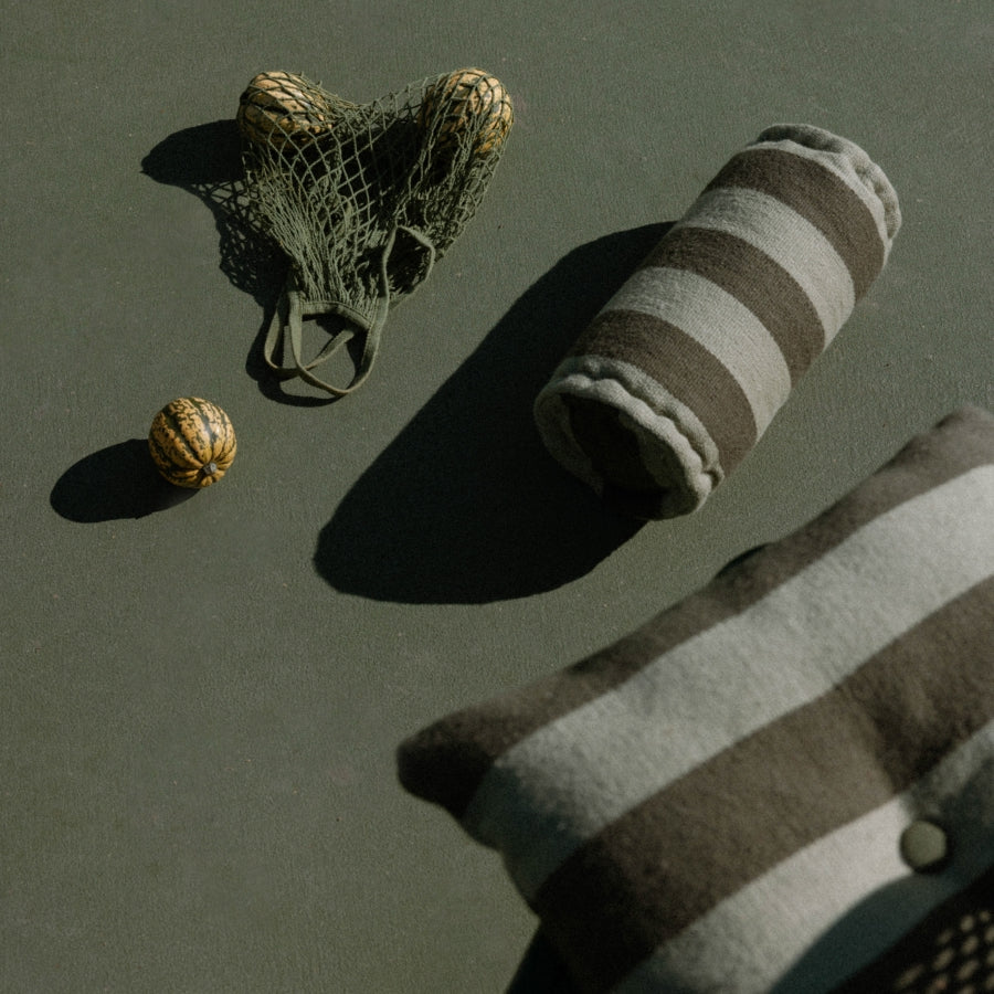 A styled flat-lay of a striped green pillows. A green mesh bag and a small striped object are placed nearby on a dark green surface with strong sunlight and shadows.