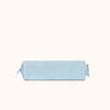 A light blue cylindrical bolster pillow with drawstring ties on both ends, shown against a solid off-white background.