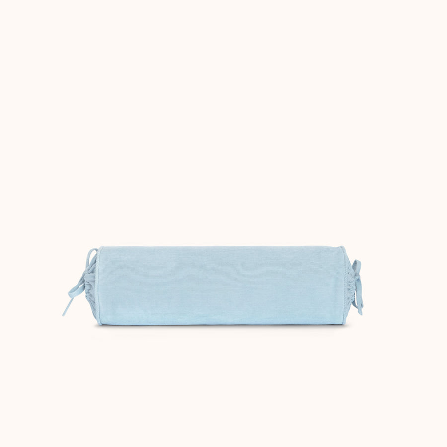 A light blue cylindrical bolster pillow with drawstring ties on both ends, shown against a solid off-white background.