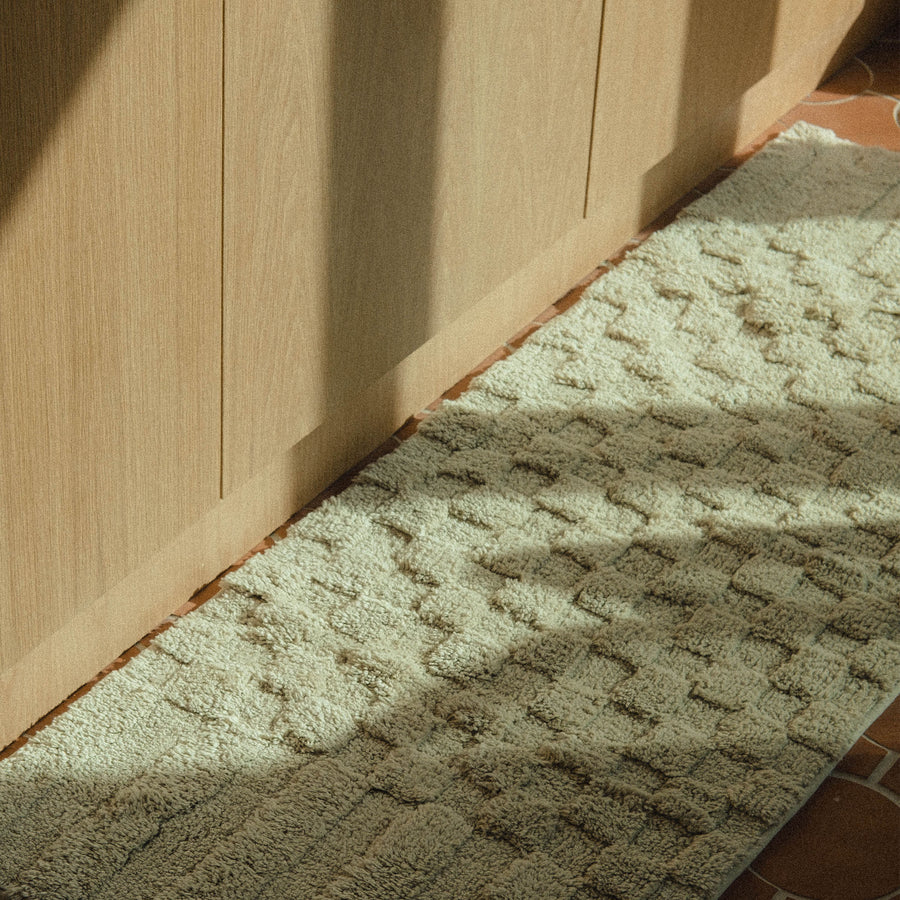 A rectangular sage green bath runner with a subtle check pattern and contrasting shag heights on a terracotta tile floor.