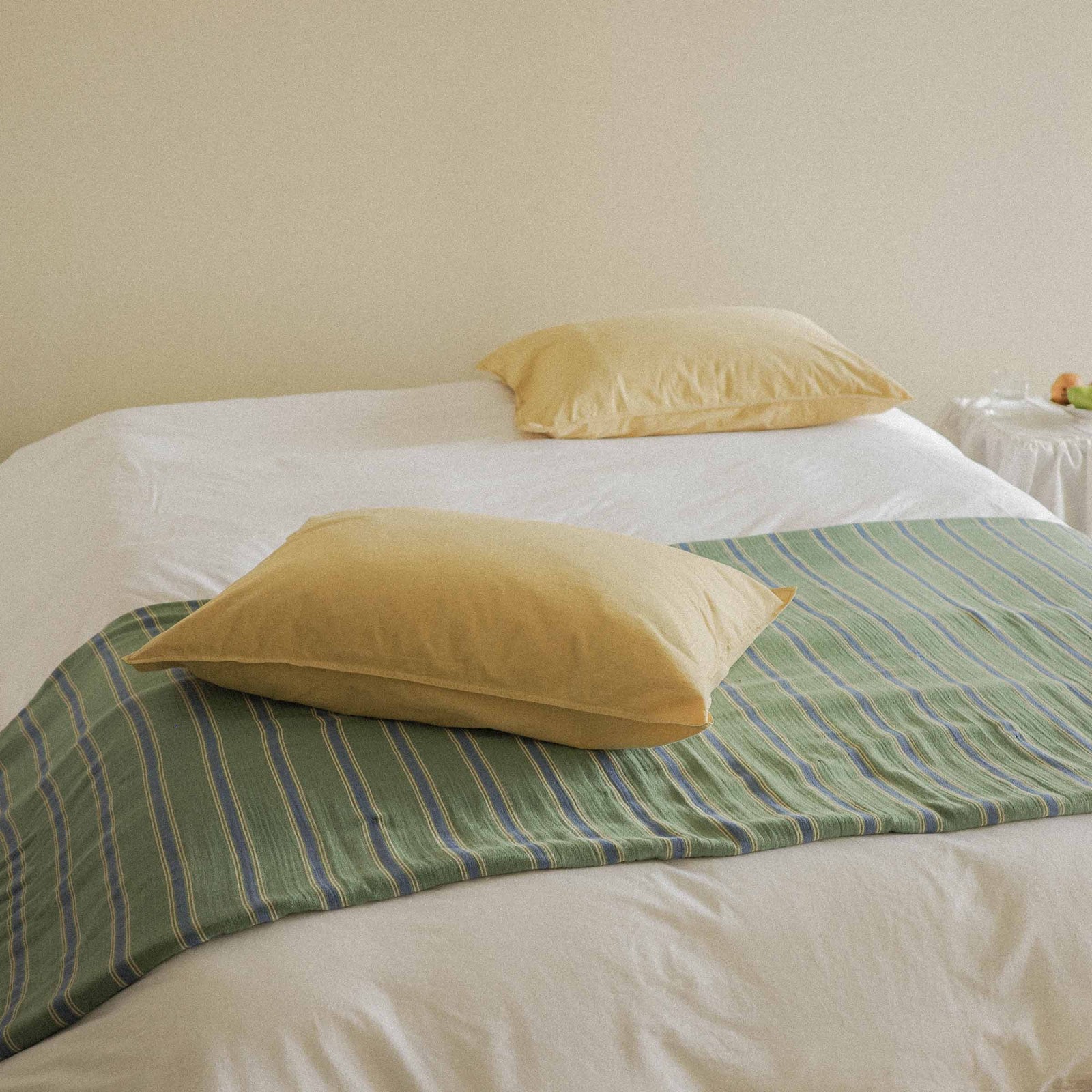 Morrow Soft Goods Maiz Pillows White Duvet and Jade Vintage Stripe Coverlet - bedroom lifestyle image