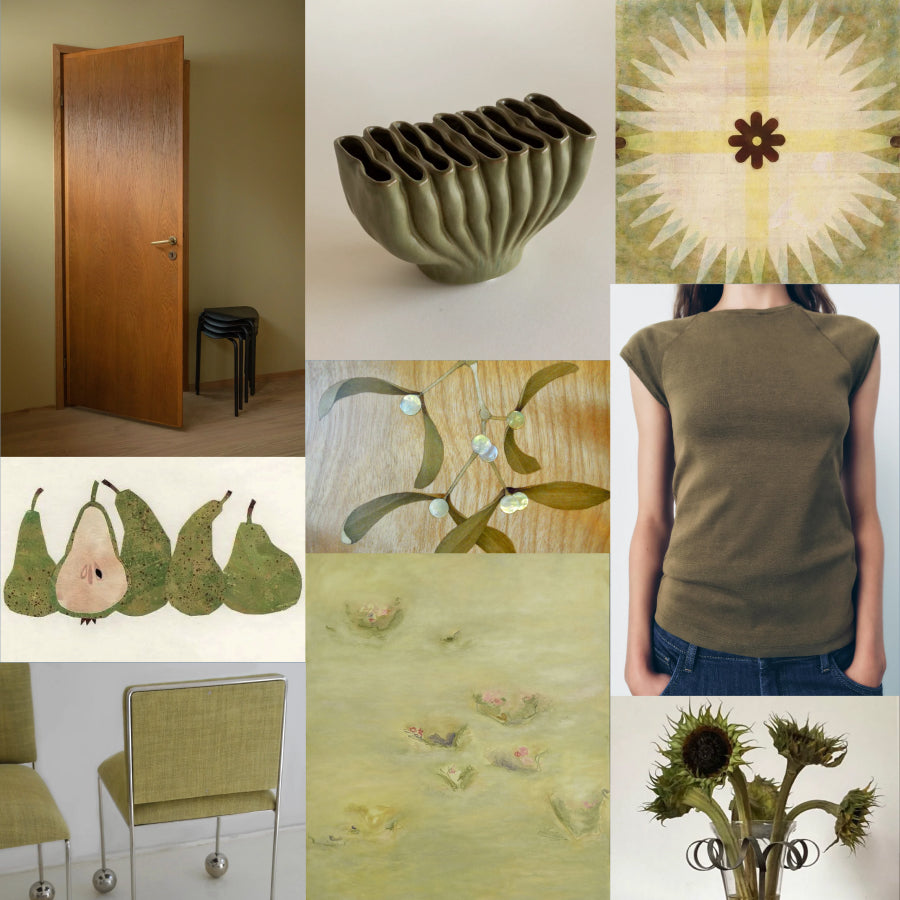 A collage of seven distinct product and design images featuring muted olive green, beige, and brown tones, including a wooden door, a sculptural vessel, a floral textile pattern, a person wearing a short-sleeve top, pears, chairs, a botanical illustration, and sunflowers.
