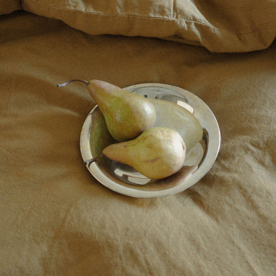 Two pears resting in a small round silver dish on a green-brown fabric surface