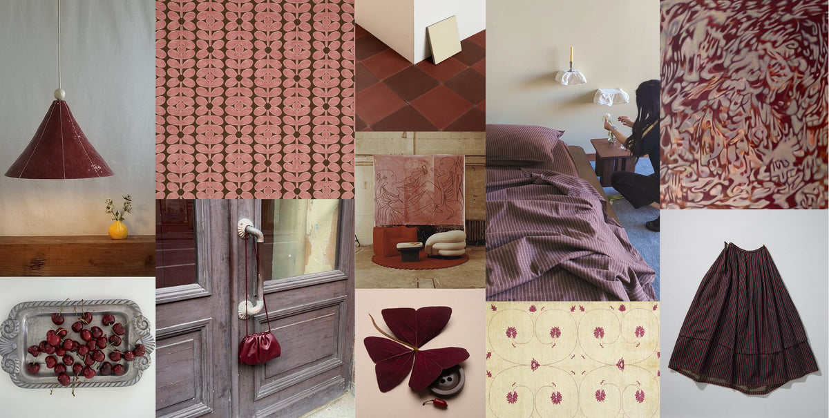 A collage of coordinated interior and fashion scenes featuring dusty rose, burgundy, and brown tones: patterned wallpaper, a hanging lamp, a doorway with red accents, bedding, a skirt, and fabric closeups.