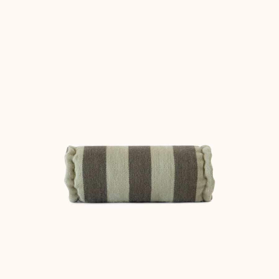 A cylindrical bolster pillow with horizontal stripes in two shades of green on a white background.