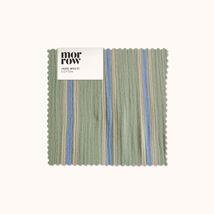 Textured jade fabric swatch with striped pattern and 'morrow' label on a white background