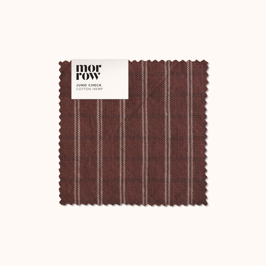 Fabric swatch with brown and beige check pattern and 'morrow' label on a white background