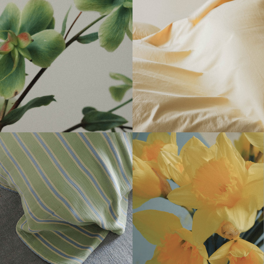 A four-panel collage showcasing fabric and textile options: a green orchid flower on the top left, a cream-colored textured fabric on the top right, a light green and blue striped fabric on the bottom left, and a close-up of yellow daffodils on the bottom right.