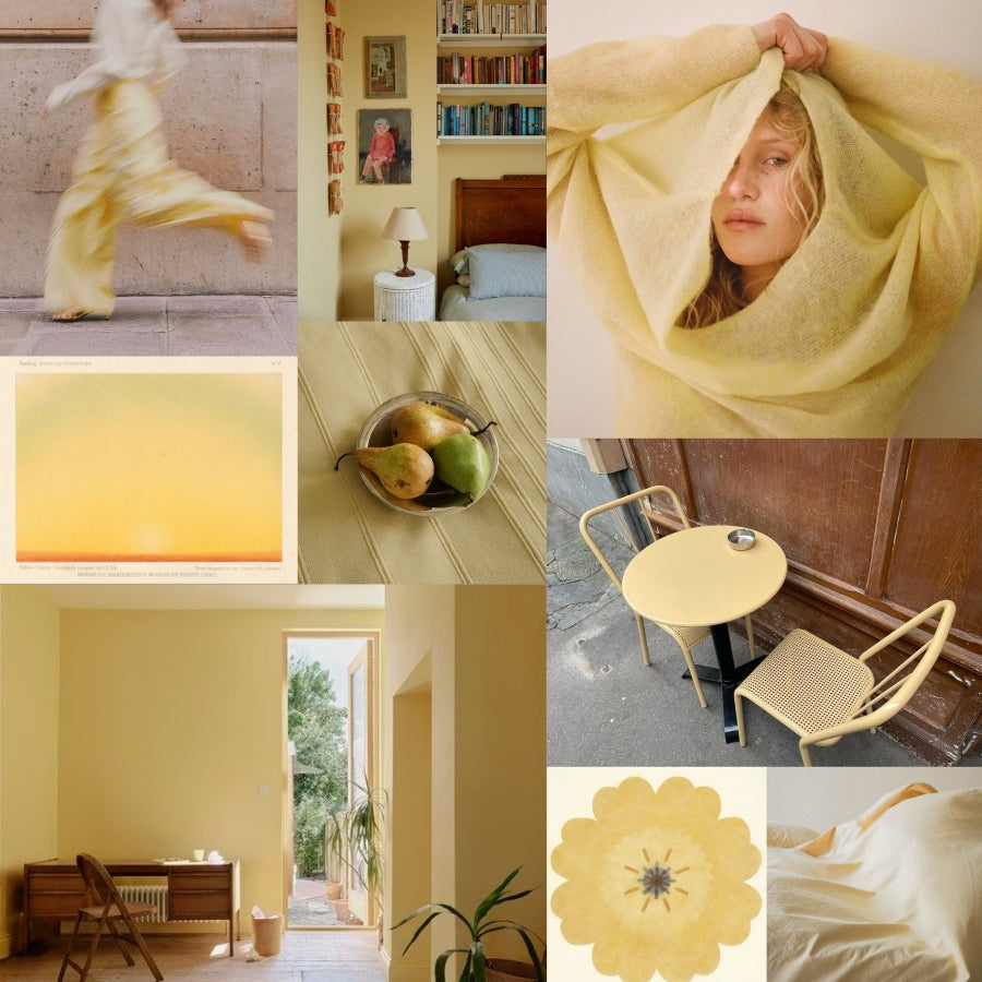 A warm-toned collage of lifestyle scenes and product imagery featuring soft pastel yellow and cream textiles, furniture, and interior decor. 