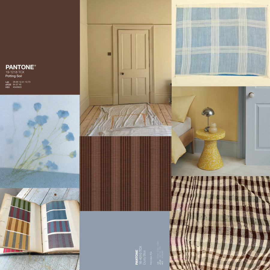 Collage style group of photos featuring chocolate brown and sky blue check patterns.