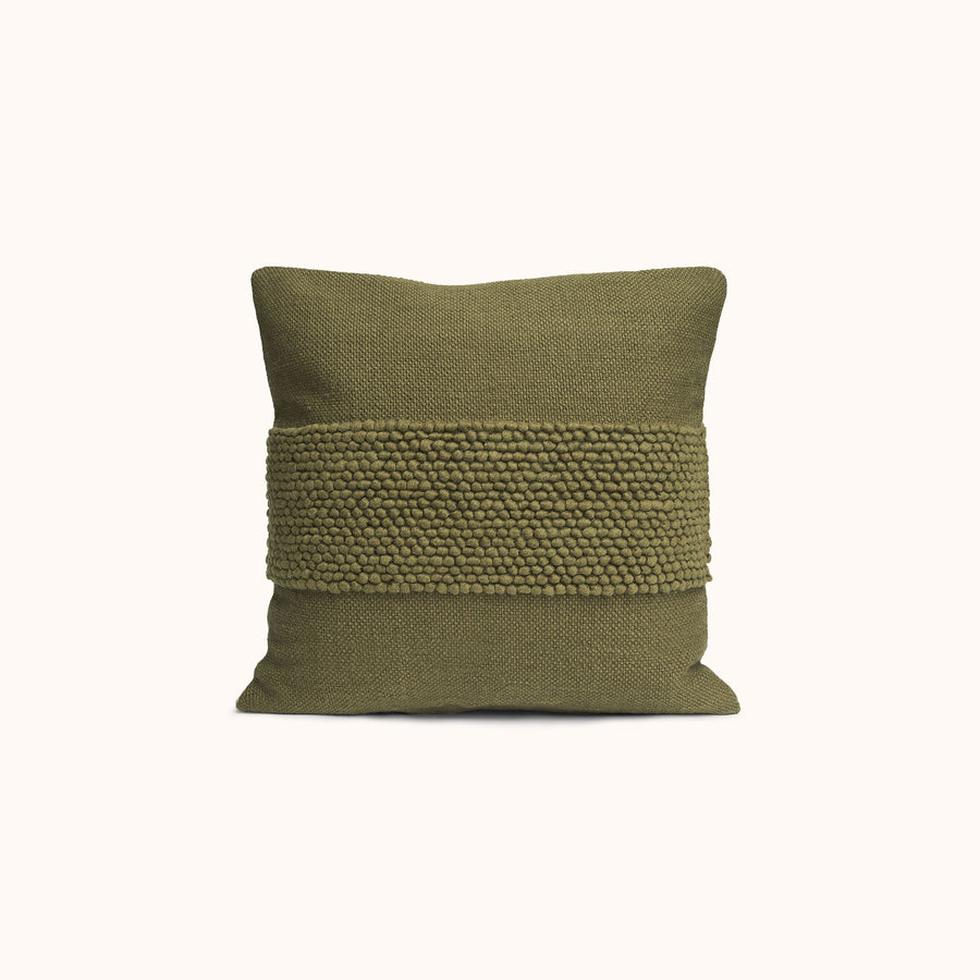 A a solid green throw pillow with  a textured band in the middle.