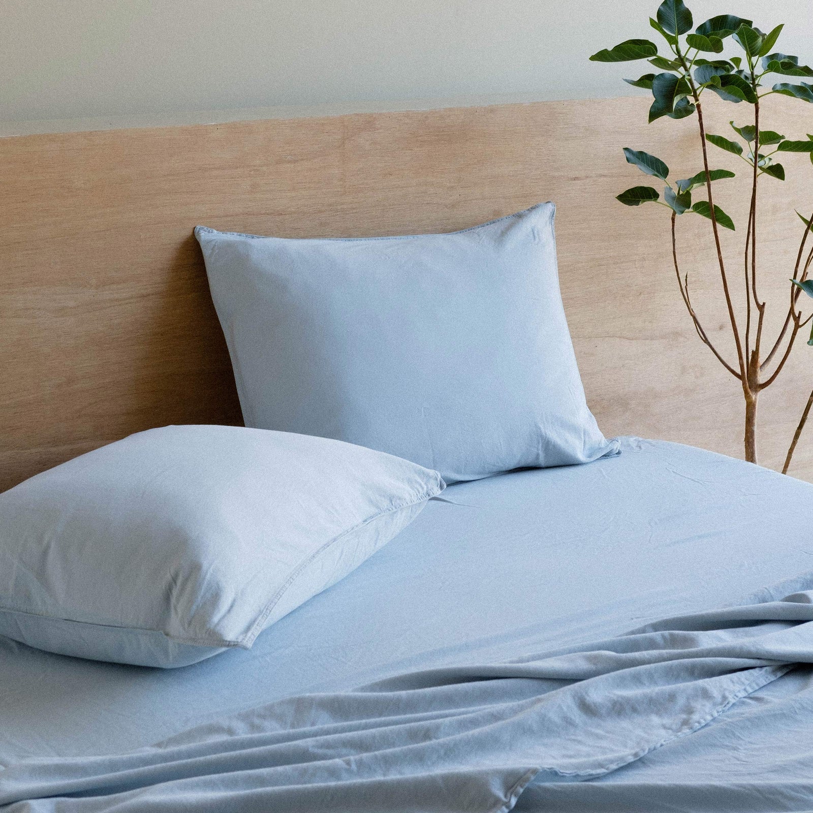 A bed with made with Turkish Blue sheets. Two pillows rest against a wooden headboard and there is a small tree in the background.